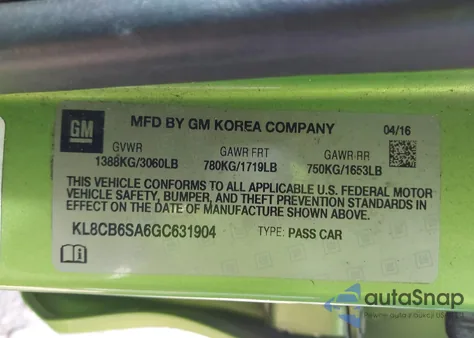 2016 Chevrolet Spark Ls Cvt z USA, uszkodzony, nr VIN KL8CB6SA6GC631904